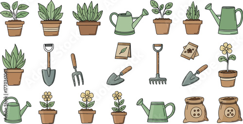Collection of hand drawn potted plants and gardening tools for cultivation and home decor