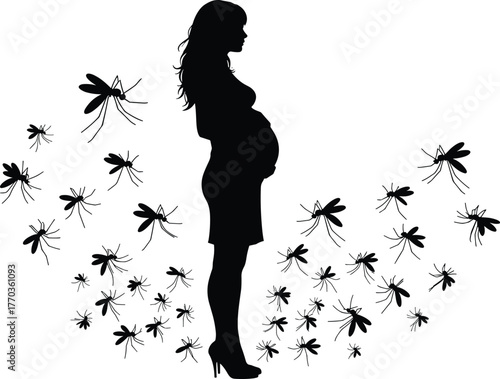 Silhouette of pregnant woman surrounded by mosquitoes, health risk, zika virus danger, maternity concept, disease prevention, pregnancy protection illustration