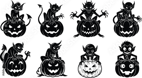 Devilish Creatures with Jack-o'-Lanterns – Black and White Vector Silhouettes for Halloween, Fantasy, Mischief, Spooky Decor, and Costume Themes