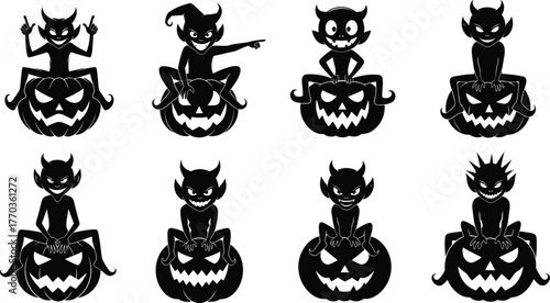 Devilish Characters Sitting on Jack-o'-Lanterns – Black Silhouette Vector Illustrations for Halloween, Fantasy, Mischief, Spooky Decor, and Costume Themes