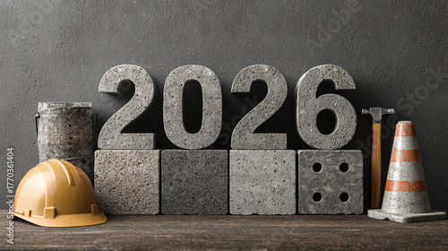 Anticipating the year 2026 with stone numbers and construction equipment, hinting at building and growth. Ready for the new year and future projects.