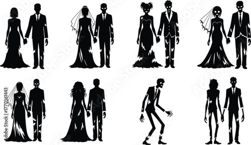 Zombie Wedding Couple Transformation – Black and White Silhouette Vector Illustrations for Halloween, Horror, Undead Romance, Fantasy, and Costume Themes