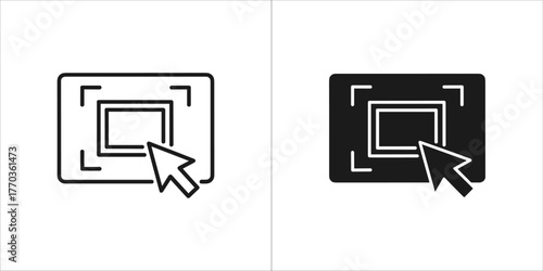 Black and white outline icons of a computer cursor selecting a screen