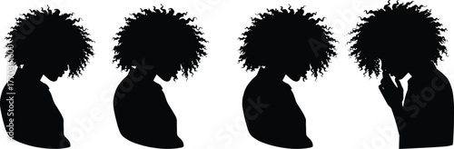Silhouette of woman with curly hair looking down, emotional expression, sadness or reflection concept, isolated vector illustration design