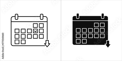 Calendar icon with checkmark and download arrow, line and solid style