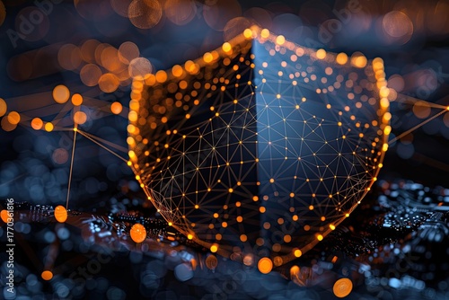 Digital shield formed by glowing orange network lines and nodes over dark circuitry symbolizing cybersecurity and data protection Generative AI
