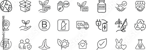Ethical and sustainable production line icon set. Vector pictograms of eco-friendly, vegan, plastic-free, recyclable, organic, cruelty-free, and certified non-toxic products thin linear illustration