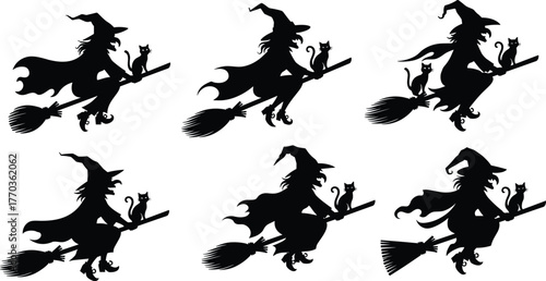 Witches Riding Broomsticks with Cats – Black Silhouette Vector Illustrations for Halloween, Fantasy, Folklore, Magic, and Spooky Themes