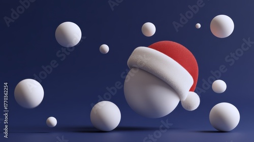 Snowball with Santa's hat in dark blue space. Christmas atmosphere.