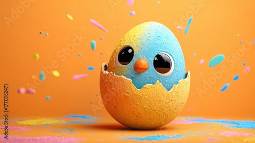 Chicken hatching from egg on bright orange background, playful cheerful composition for kids design.