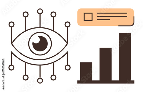 Eye with connecting nodes representing analysis and technology next to a bar chart and data label. Ideal for innovation, AI, statistics, vision, research, growth, monitoring. A simple flat metaphor