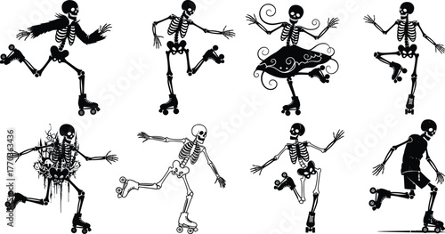 Roller Skating Skeleton Silhouettes in Motion – Black Vector Illustrations for Halloween, Anatomy, Humor, Fantasy, Sports, and Quirky Themes