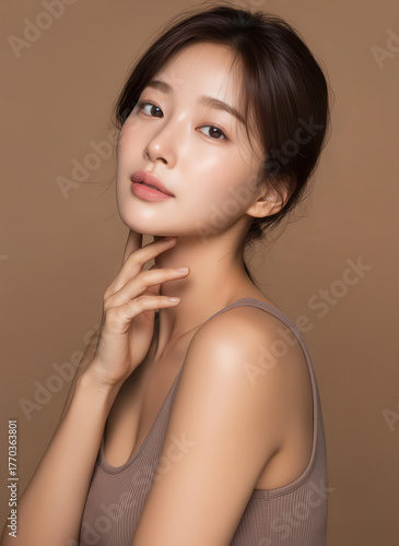 Elegant Korean woman with low bun hairstyle, Asian beauty model in autumn mood, natural and graceful cosmetic model, pure and serene female portrait, ,k-beauty model, kbeauty
