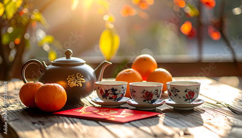 chinese new year decoration table with tea and oranges