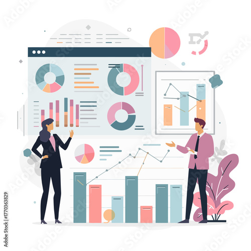 Professionals analyzing business data on a digital dashboard, collaborating on strategy and performance metrics and reports