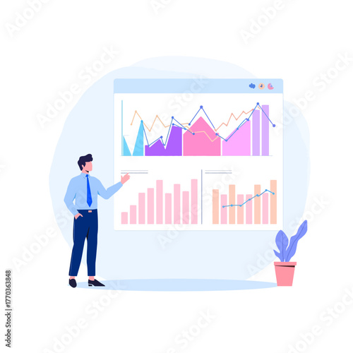 Dynamic illustration of a business professional analyzing market trends and presenting key performance indicators through insightful data visualization charts for strategic planning