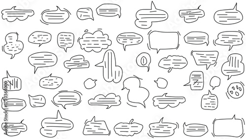 Hand-drawn, Cartoons speak of conversation elements, brush, comic doodle style dialog balloon, communication message, cloud speech bubble element, line art vector icon set.