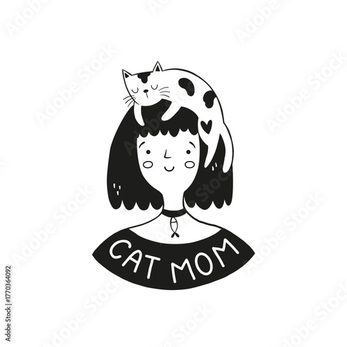 vector illustration of a girl with cat on head
