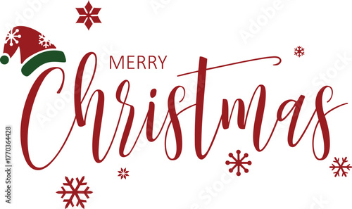 Merry christmas 25 december 2026 handwritten calligraphy lettering drawing red text with snowflakes isolated on white background vector high resolution