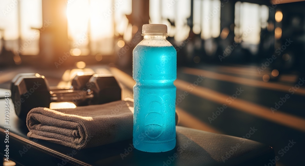 Obraz premium Blue electrolyte drink bottle with towel and dumbbell in gym, symbolizing hydration and fitness.