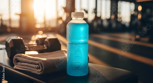 Blue electrolyte drink bottle with towel and dumbbell in gym, symbolizing hydration and fitness.