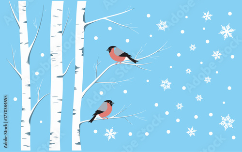 Winter Scene With Two Bullfinches Sitting On Branches With Snowflakes