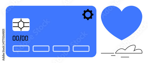 Blue credit card, gear icon, heart symbol, small cloud beneath. Ideal for finance, fintech, payment solutions, customer loyalty online transactions technology user satisfaction. Simple flat