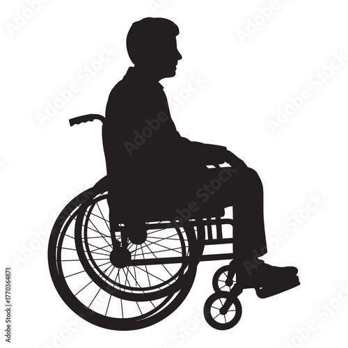 A black silhouette illustration of a person with a disability in a wheelchair