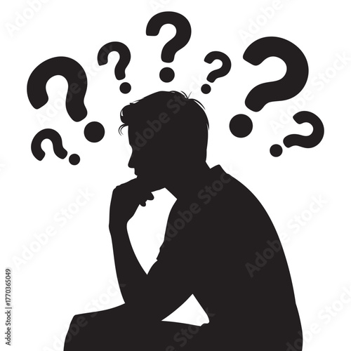 Silhouette of a person thinking with question marks above head