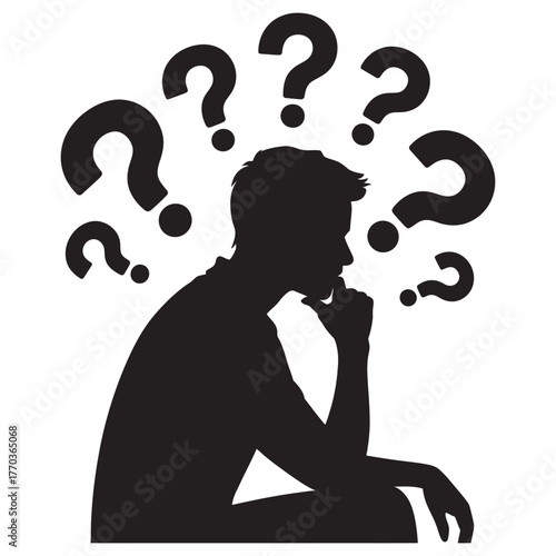 Silhouette of a man pondering deeply with question marks, symbolizing doubt and complex decisions