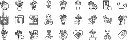 Flower bouquet and delivery service line icon set. Vector pictograms of floral arrangement, vase, roses, gifts, online order, wedding, birthday, and celebration decoration thin linear illustration