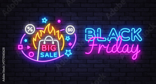 Bright neon sign with burning shopping bag and text Big Sale. Words Black Friday glow on the right. Surrounded by stars and discount icons. Vector illustration