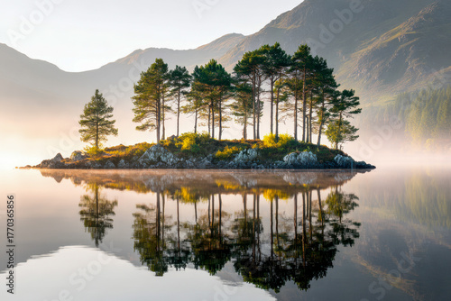 Serene early morning landscape of a small rocky island adorned with pine trees perfectly mirrored on calm lake waters with majestic mountains in the background