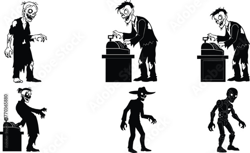Cartoon zombie characters with cash registers and costumes, vector illustration for Halloween humor, undead professions, and niche character design