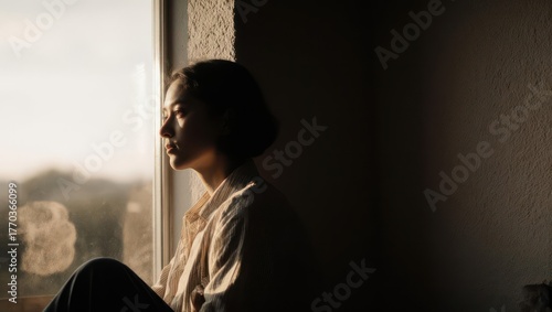 Young woman gazes pensively through a window, bathed in warm sunlight, interior setting