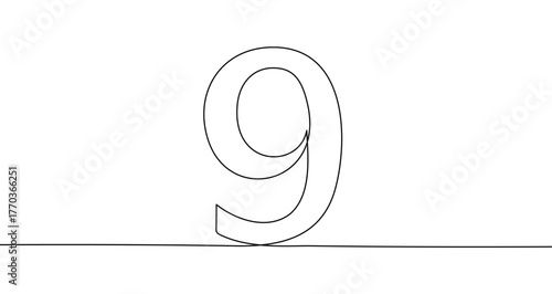 Number "9" in one line art style. Drawing of the digit nine with editable black stroke on a white background. Vector illustration.