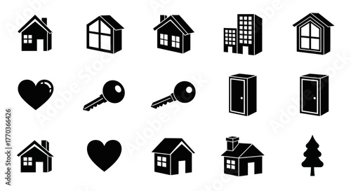 A versatile set of black and white real estate icons, including houses, keys, and hearts. Vector graphic symbols for property and housing concepts. icon5