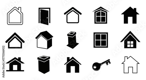 Collection of house and real estate vector icons. Set of property symbols including home, door, window, and key