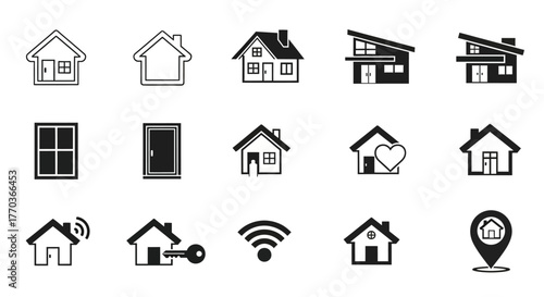 Set of modern home icons depicting various house designs, representing real estate and housing concepts