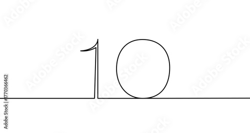 Number "10" in one line art style. Drawing of the digit ten with editable black stroke on a white background. Vector illustration.