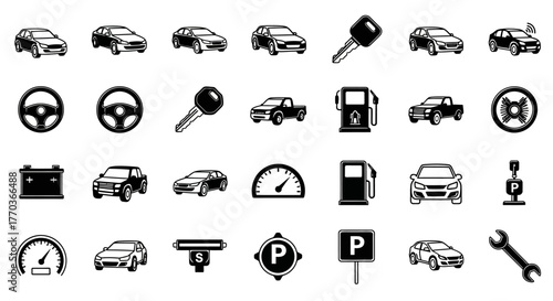 Automotive vehicle and car service icon set. A collection of solid glyph symbols for transport, driving, and auto repair elements