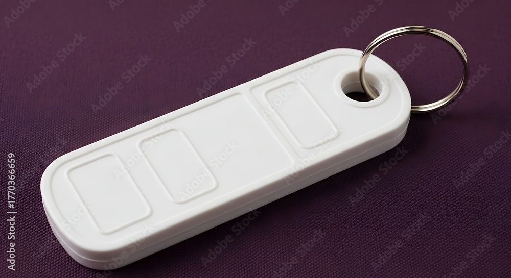 Fototapeta premium White Rectangular RFID Key Fob with Metal Ring on Dark Purple Background, Modern Access Control Device.