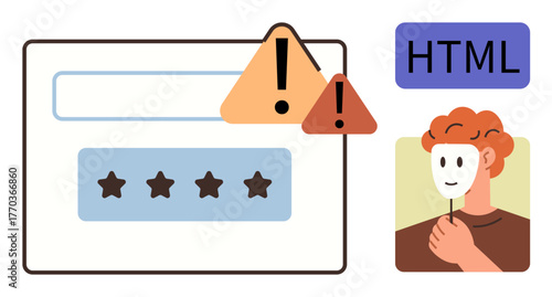 Browser window with error warnings, star rating, HTML label, and masked person highlights identity, user experience, and online interaction challenges. Ideal for cybersecurity, coding, UX design