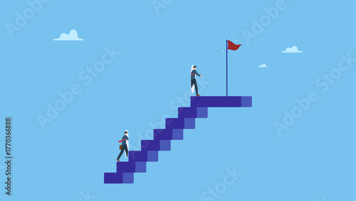Smart businessman climbing up stair with special shortcut to success. Shortcut for business success, stairway or step to career growth, get rich fast or strategy to achieve target.