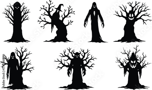 Haunted tree and ghostly creature silhouettes, vector illustration for Halloween, horror, fantasy, and supernatural character design themes