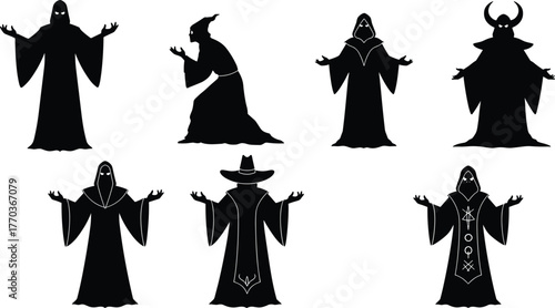 Mystical robed silhouettes in magical poses, vector illustration for fantasy, occult, ritual, and supernatural character design themes