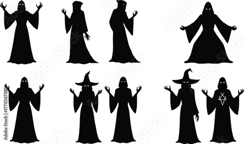 Wizard and sorcerer silhouettes in magical poses, vector illustration for fantasy, ritual, and supernatural character design themes