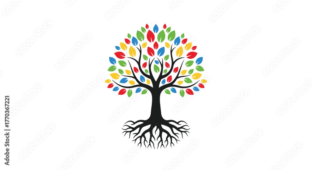 Naklejka premium Vibrant tree with colorful leaves illustration representing growth, diversity and nature's beauty for sustainable and eco-friendly projects