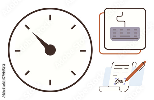 Clock symbolizing time, computer keyboard suggesting work or communication, and a signed document with a pen. Ideal for productivity, deadlines, efficiency, goal-setting, digital workflows