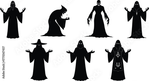 Mystical robed silhouettes in occult poses, vector illustration for fantasy, horror, ritual, and supernatural character design themes